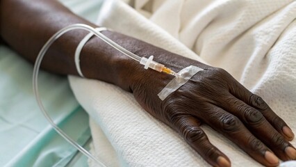 Close Up Hand of Black Patient with IV Drip Showing Tube Insertion Suitable for Healthcare Awareness Visuals