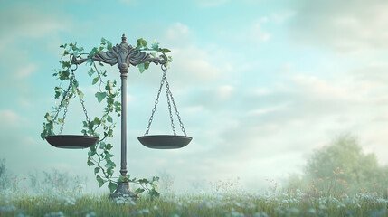 Elegant Scales of Justice Surrounded by Greenery and Soft Skies