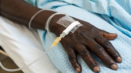 Close Up Hand of Black Patient with IV Drip Showing Tube Insertion Representing Medical Treatment Reality