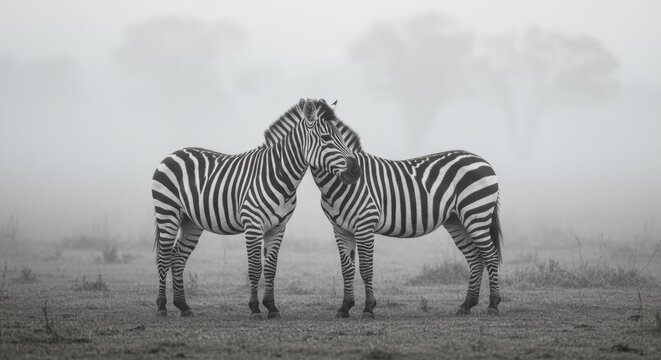 Zebras interacting in foggy landscape wildlife nature exploration serene environment perspective - Powered by Adobe