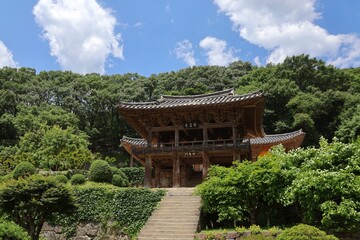 Fototapeta premium Traditional Korean Wooden Pavilion in Forest Garden