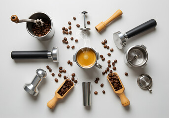Coffee brewing tools overhead view