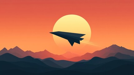 Silhouette plane, sunset, mountains