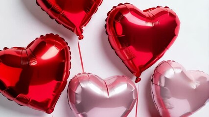Celebratory display of red and pink heart shaped balloons on a plain white surface symbolizing love and affection. - Powered by Adobe