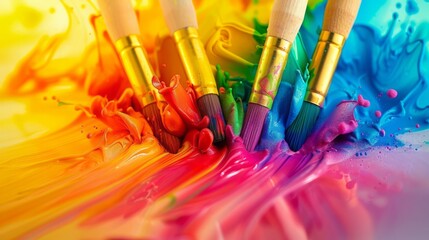 Fototapeta premium Paintbrushes Dipped in Vibrant Rainbow Colors