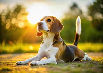 Beagle dog stretches in the sun