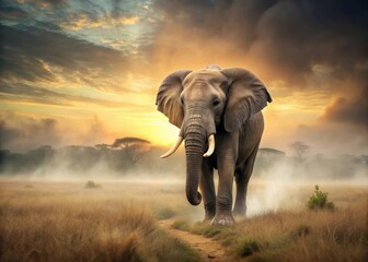 Obraz premium A majestic elephant walks through a misty savannah at dawn