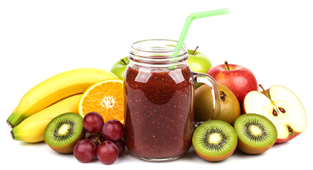 Delicious Fruit Smoothie in Mason Jar with Fresh Bananas, Apples, Kiwi