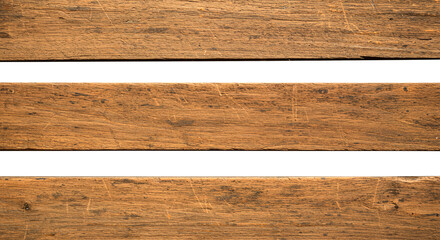 Three Horizontal Rustic Brown Wood Planks on White Background