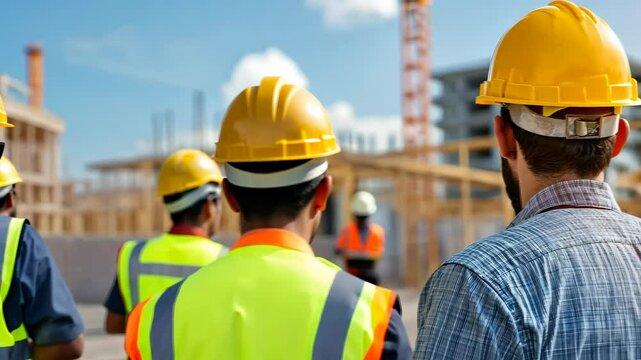 Construction team overlooks building site with tower crane on a clear day