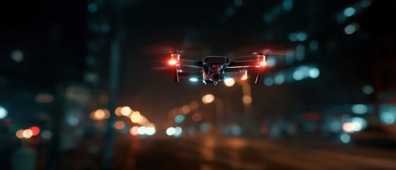 Flying Drone with Red Lights Hovering Over Wet Street at Night