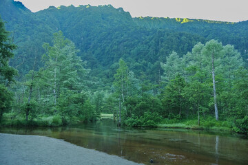 上高地7月の田代池。隣接する大正池とともに、焼岳の噴火による泥流が梓川左の支流である千丈沢をせき止めてできた浅い池。