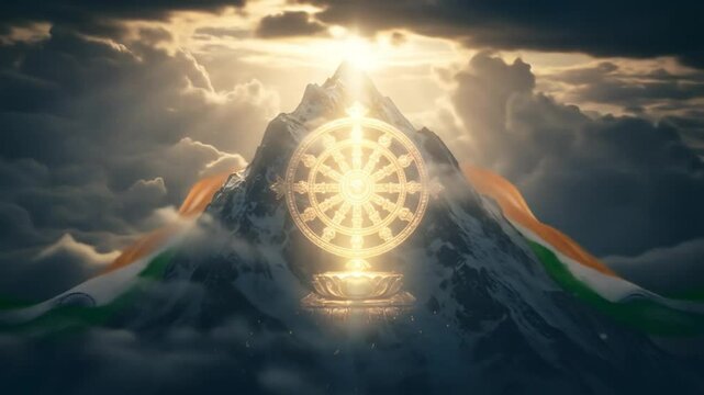 Wheel of Dharma at Mountain Peak Emerging Through Clouds