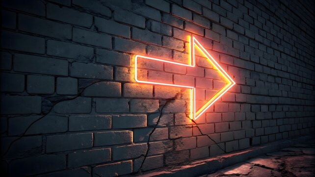 Neon Arrow Sign on Brick Wall for Directional Guidance in Urban Scene