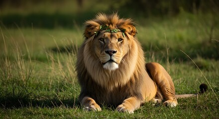 Majestic Lion Portrait on Green Grass | Wildlife Photography for Conservation and African Safari Tourism