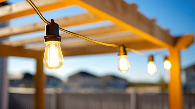 String lights outdoor bulb wooden pergola backyard warm glow evening cozy decorative patio summer ambiance, hanging wooden pergola backyard, glowing warmly sunlight, creating cozy and inviting