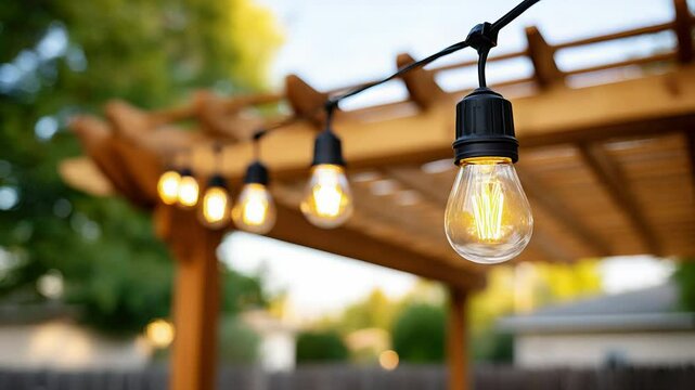 String light outdoor bulb glowing warm garden patio wooden pergola summer evening decorative festive cozy backyard illuminated relaxation tranquil peaceful inviting celebration, hanging clear
