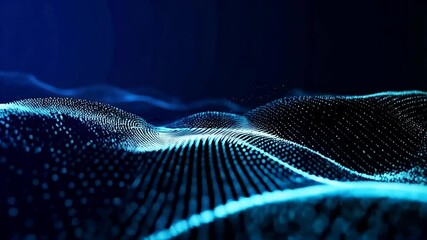 Abstract dark blue digital landscape with glowing dots representing futuristic technology and communication networks connecting in virtual space - Powered by Adobe