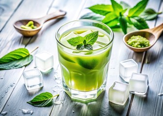 Aerial Drone Shot: Milk Green Tea Ice Cubes, Isolated White Background - High-Resolution Food Photography