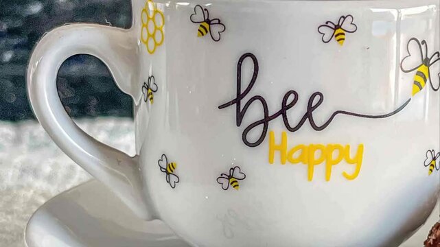 Close up of a white mug with bee happy design and honeycomb pattern on a white saucer indoors