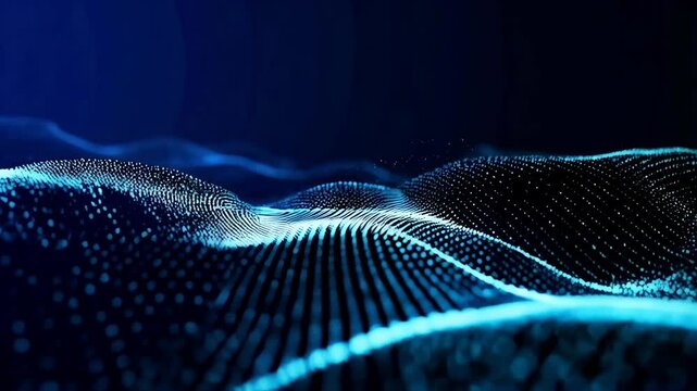 Abstract dark blue digital landscape with glowing dots representing futuristic technology and communication networks connecting in virtual space - Powered by Adobe