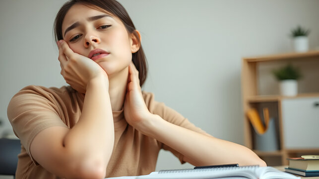 One young woman feeling bad and having pain for overstudying at home on the table. Neck ache concept. Portrait and close up of hands touching neck.