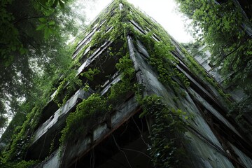 Nature Reclaiming Abandoned Concrete Building Covered in Moss and Vines Surrounded by Forest Canopy Representing Urban Decay, Environmental Power, and Post-Human Landscape