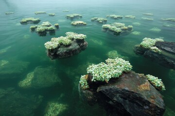 Emerald Green Shallow Water Landscape with Multiple Algae-Covered Rocks and Coral Formations Emerging from the Surface, Depicting a Tranquil Aquatic Ecosystem in the Mist
