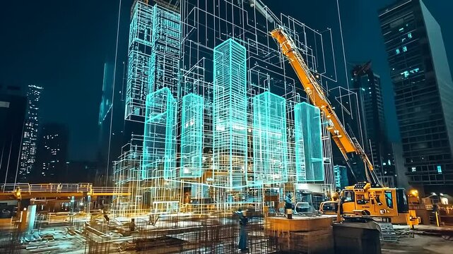 Nighttime construction site showcasing digital blueprints overlaid on a modern skyscraper being built - Powered by Adobe