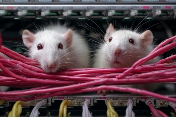 Two Curious White Laboratory Rats Peeking Through a Tangle of Pink Ethernet Cables in a Server Rack, Symbolizing Unexpected Rodent Intrusion in Technology Infrastructure