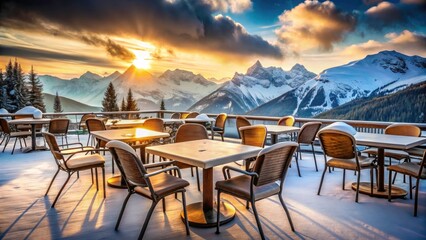 Fototapeta premium Austrian Ski Resort Cafe Terrace - Long Exposure Photography - Snow Mountains - Chairs Tables - Winter Scene