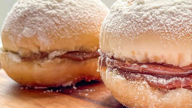 Close up of two berlin balls with cream filling and powdered sugar on a wooden surface view from the side