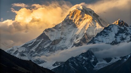 Fototapeta premium Majestic Snow-Capped Mountain Peak at Sunrise with Dramatic Clouds