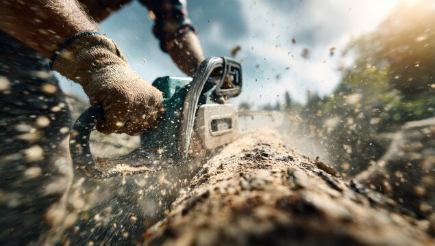 Man Cutting Wooden Log with Chainsaw Outdoor with Flying Sawdust