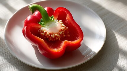Fresh Red Bell Pepper with Stem on a White Plate