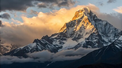 Majestic Mountain Peak Bathed in Golden Sunrise Light and Clouds