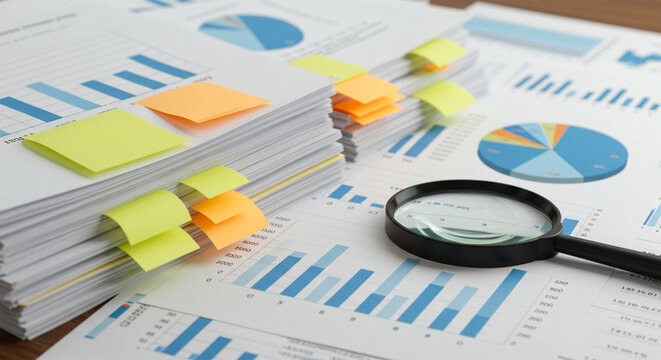 Business documents analysis research financial reports charts magnifying glass sticky notes detailed data review - Powered by Adobe