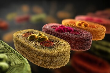 Detailed 3D Visualization of Colorful Plant Cell Structures Depicting the Intricate Process of Cellular Division, Emphasizing Biological Complexity and Microscopic Cellular Dynamics