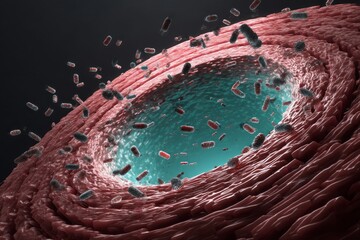 Detailed Scientific Visualization of Cellular Structure with Bacteria Approaching the Cell Surface, Depicting the Complexity of Microbial Interactions and Biological Defense Mechanisms