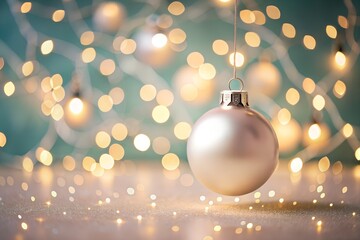 Silver Christmas bauble hanging with sparkling lights in festive holiday atmosphere