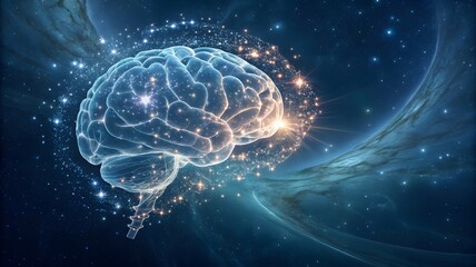 Abstract Concept of Human Brain with Cosmic Elements and Stars