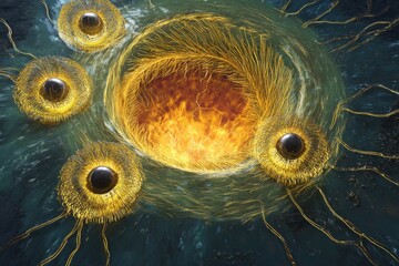Abstract Artistic Depiction of Cosmic Phenomena with Glowing Golden Structures Surrounding a Fiery Central Vortex Illustrating Concepts of Universal Energy, Mystery, and Deep Space Dynamics