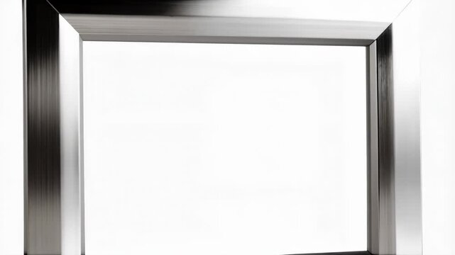 Abstract shot of an empty rectangular frame, brushed silver metal, minimalist design with clean lines, white background.