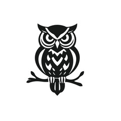 Vector art of a stylized black owl perched on a branch, isolated on white background