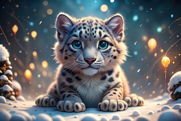 Fototapeta premium Cute Cartoon Snow Leopard Illustration, Bokeh Background, Adorable Animal Art, Digital Painting