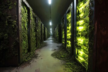 Post-Apocalyptic Abandoned Moss-Covered Data Center with Eerie Glowing Green Server Lights and Overgrown Technology in a Hauntingly Quiet, Decayed, and Forgotten Environment Illustrating Nature