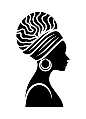 Silhouette of an African woman adorned with a decorative headwrap and hoop earring