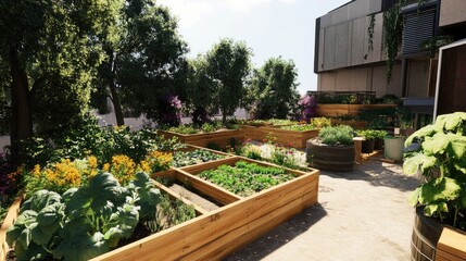 Urban rooftop garden with vibrant flowers and vegetable beds in contemporary landscape design for sustainable living