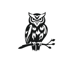 Vector art of a watchful owl, a vector illustration, perched on a bare branch isolated on white background