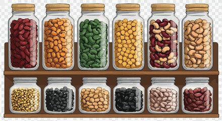 Variety of Beans in Jars on Wooden Shelf